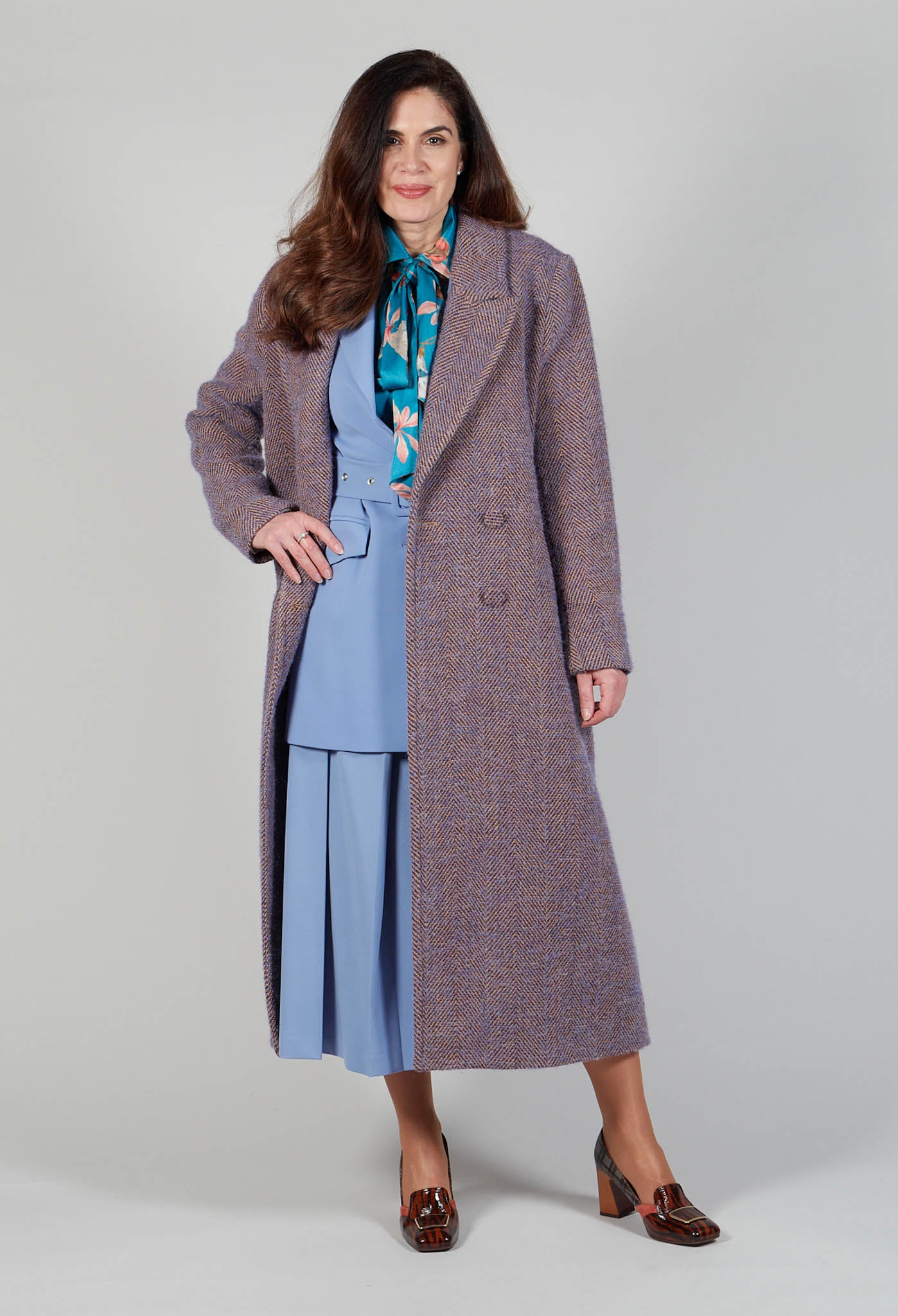 Herringbone Long Coat in Viola Purple