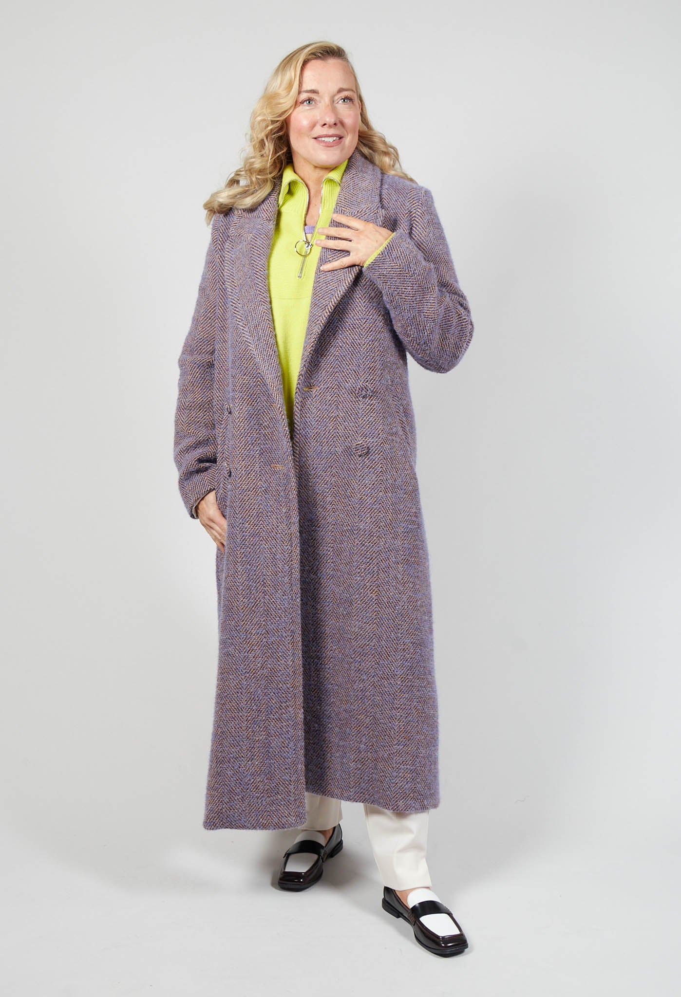 Herringbone Long Coat in Viola Purple