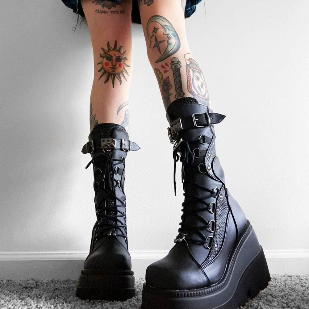 Hot Gothic High Heels Mid Calf Platform Booties