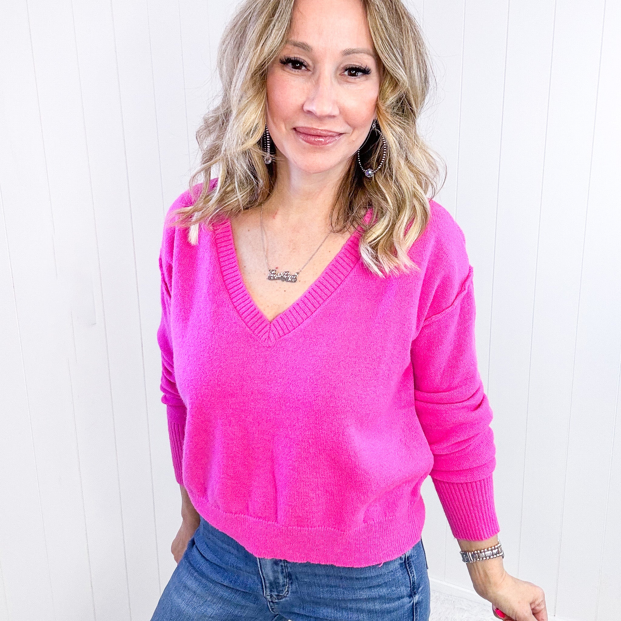 Hot Pink Back to Life V-Neck Sweater