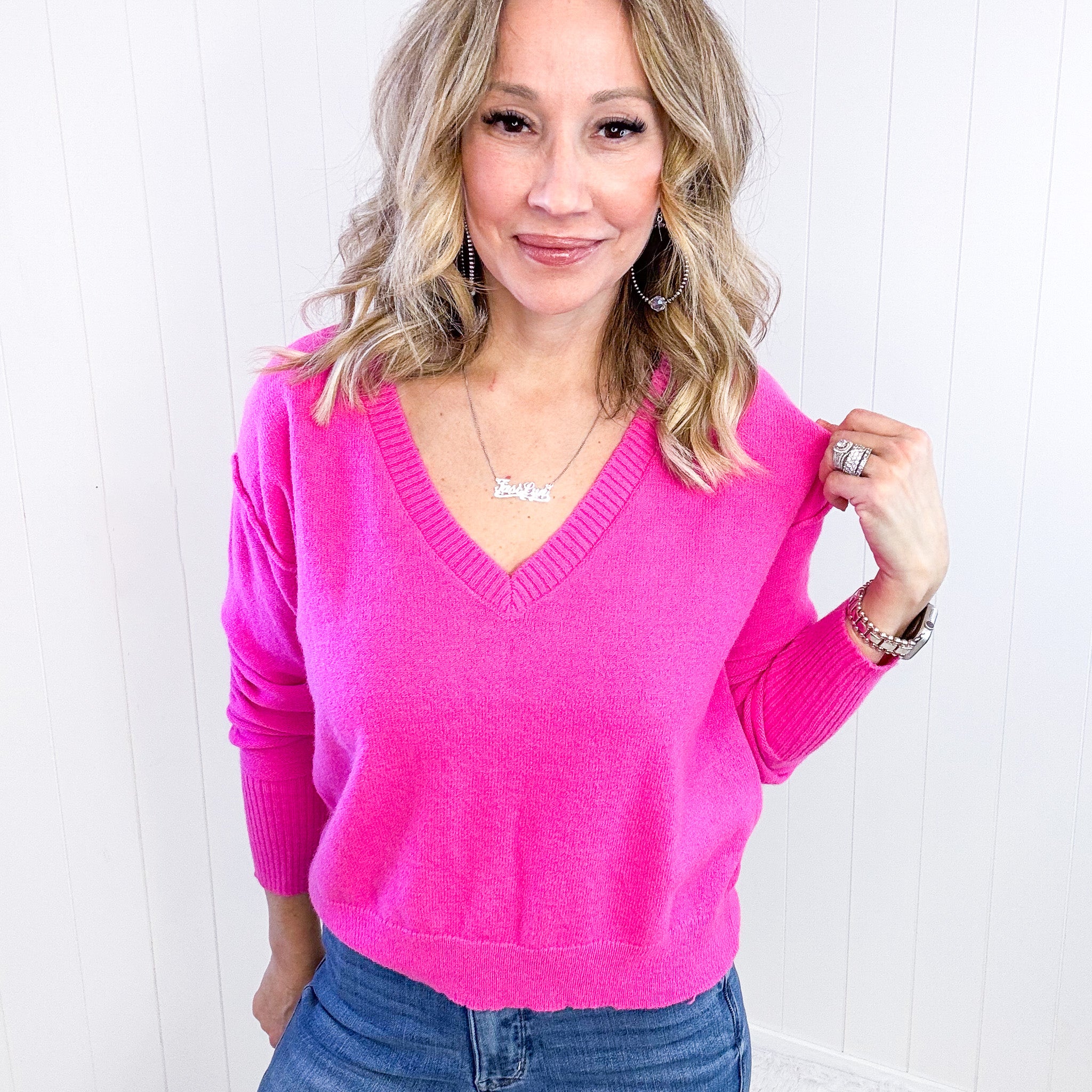 Hot Pink Back to Life V-Neck Sweater