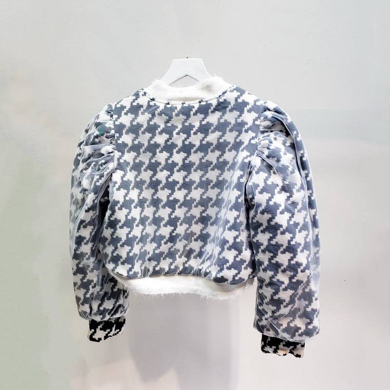 Houndstooth Ruched Sleeve Mesh Bomber Jacket