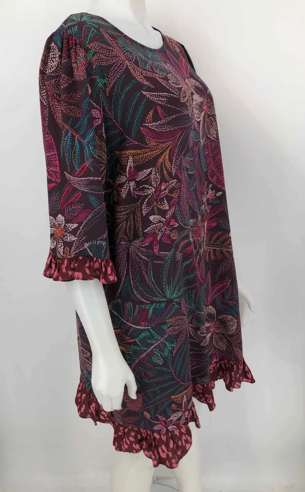 JOHNNY WAS Burgundy Teal Multi Abstract Floral Size LARGE  (L) Dress