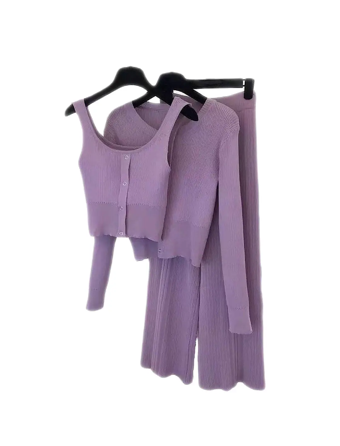 Knitted Wide Pants Cardigan Top Three Piece Set