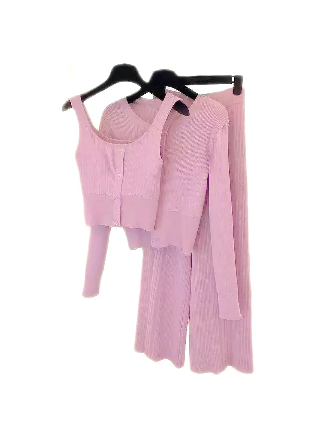 Knitted Wide Pants Cardigan Top Three Piece Set