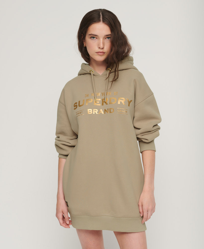 Luxe Metallic Logo Hoodie Dress | Warm Grey