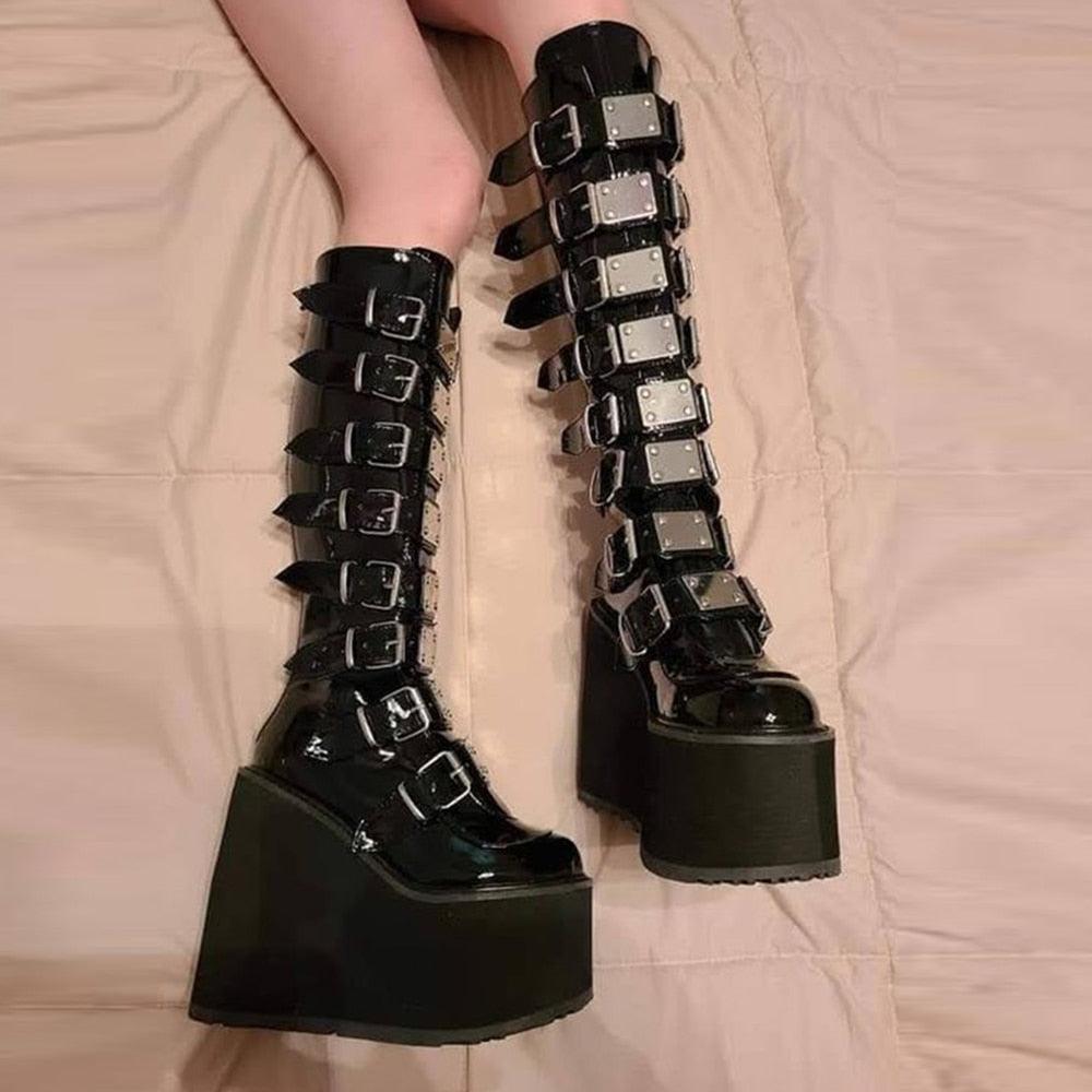 Make a Statement with Black Gothic Style Cool Punk Female Platform Wedges High Heels