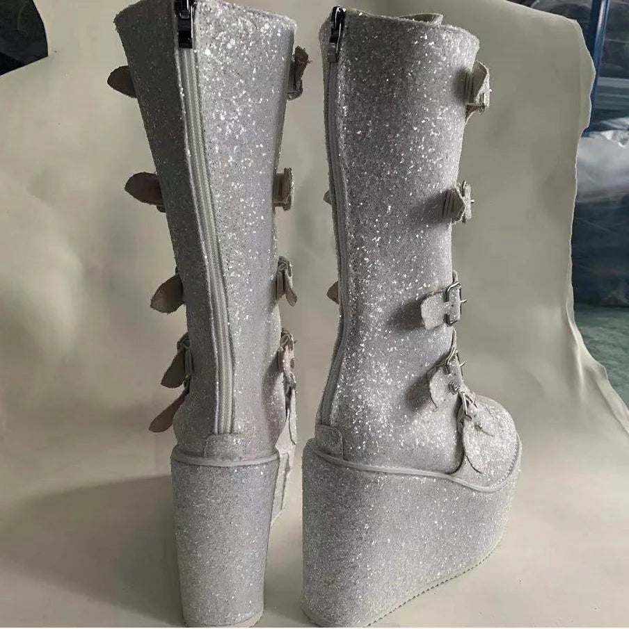 Metal Gothic Platform Punk Cosplay Wedges High Heel Boots