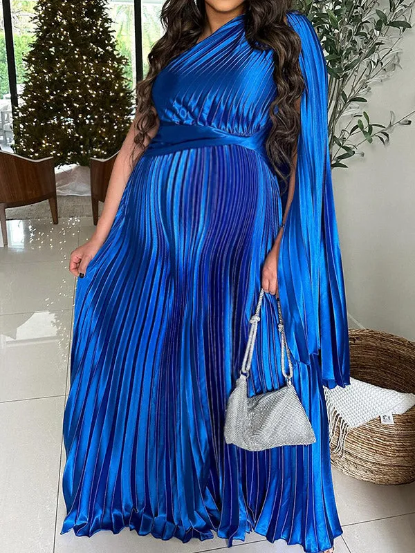 Momnfancy Elegant Blue Pleated Side Draped Irregular Oblique Shoulder Floor Mopping Big Swing Flowy Maternity Occasion Maxi Dres