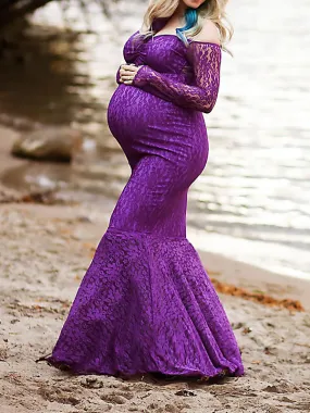 Momnfancy Elegant Purple Lace Off Shoulder Mermaid Floor Mopping Babyshower Maternity Photoshoot Maxi Dress