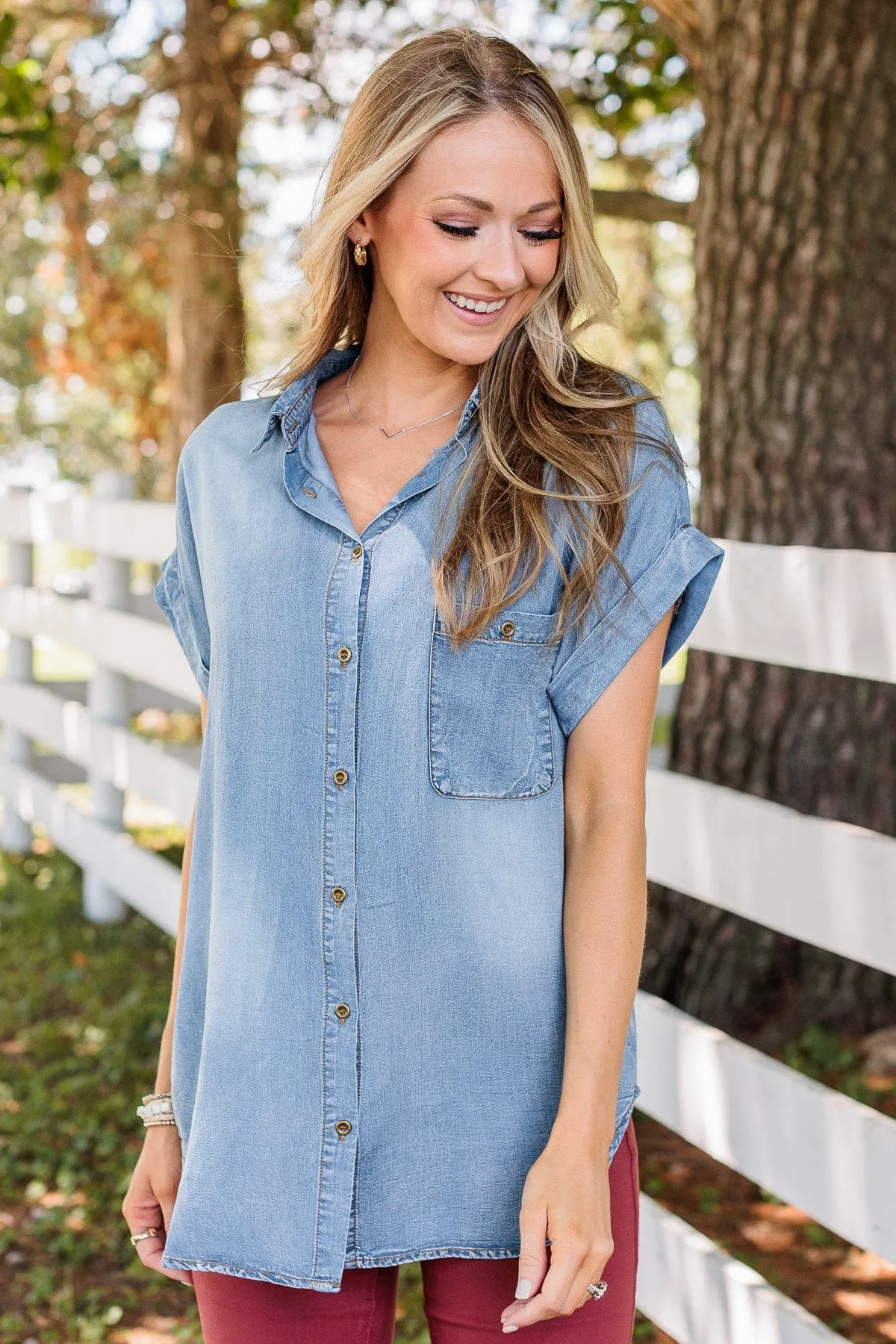 No Cares In The World Button Up Top- Denim