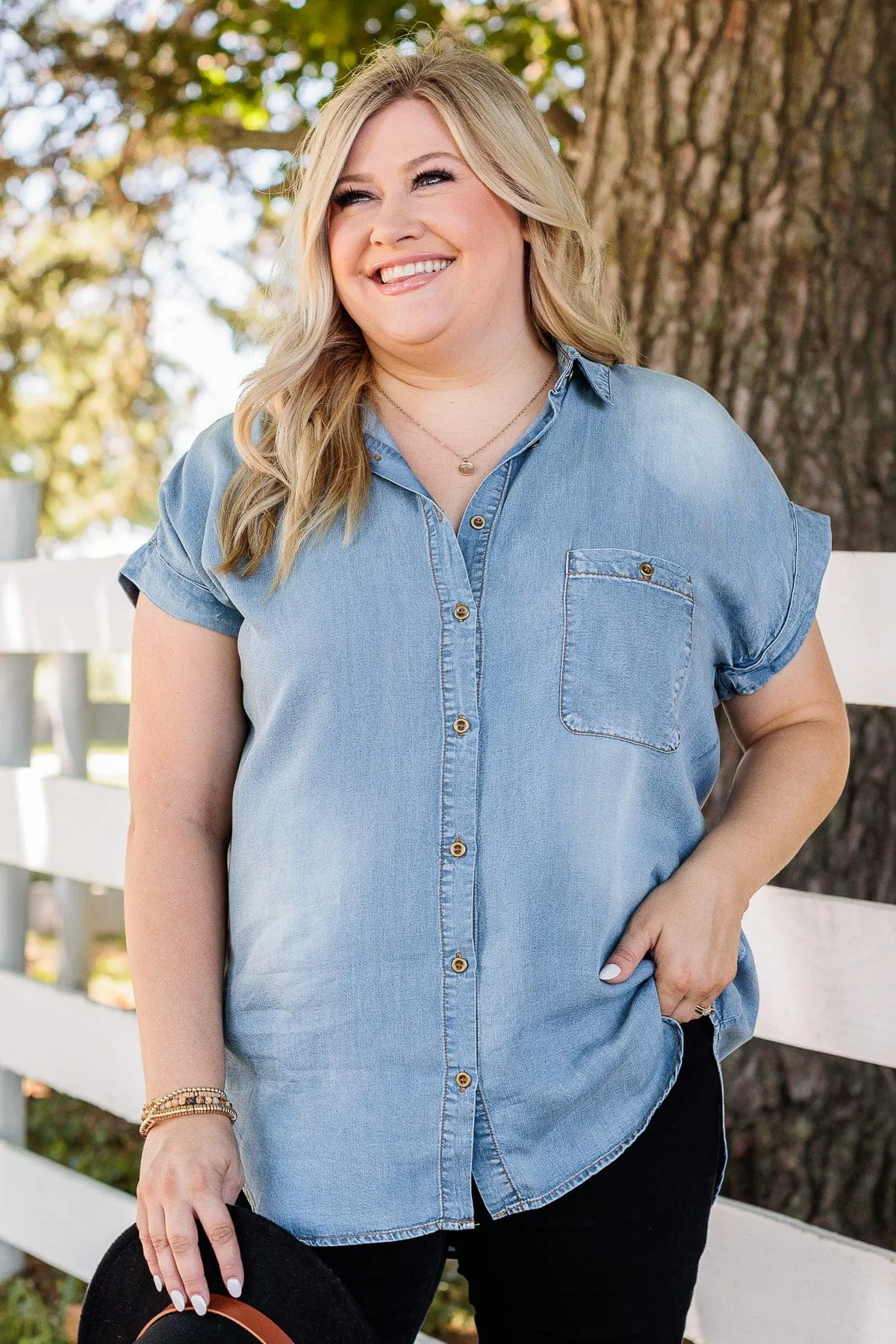 No Cares In The World Button Up Top- Denim