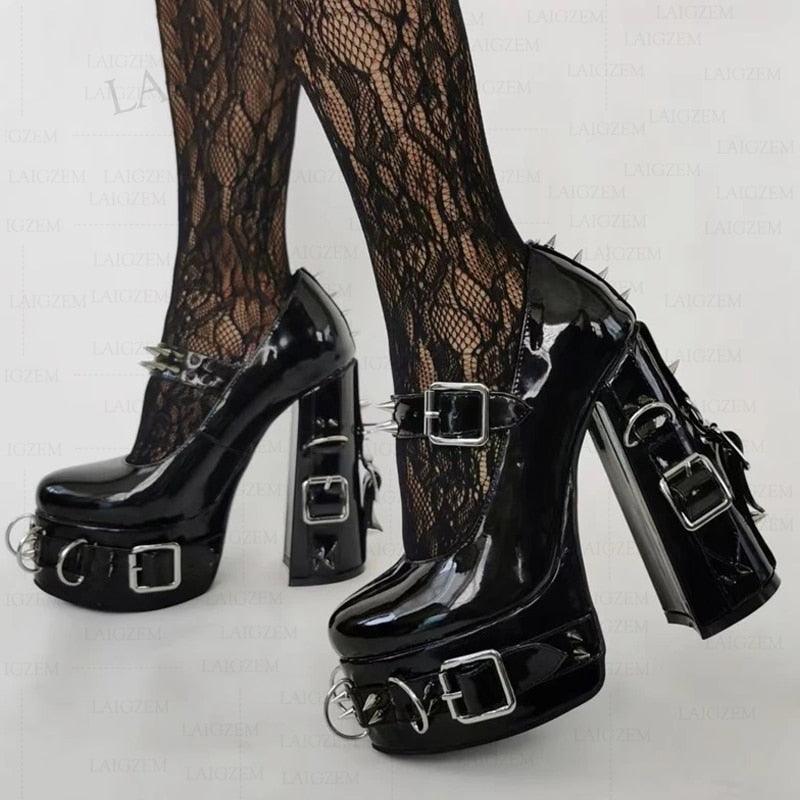 Platform Pumps Buckle Straps Studded Chunky High Heels