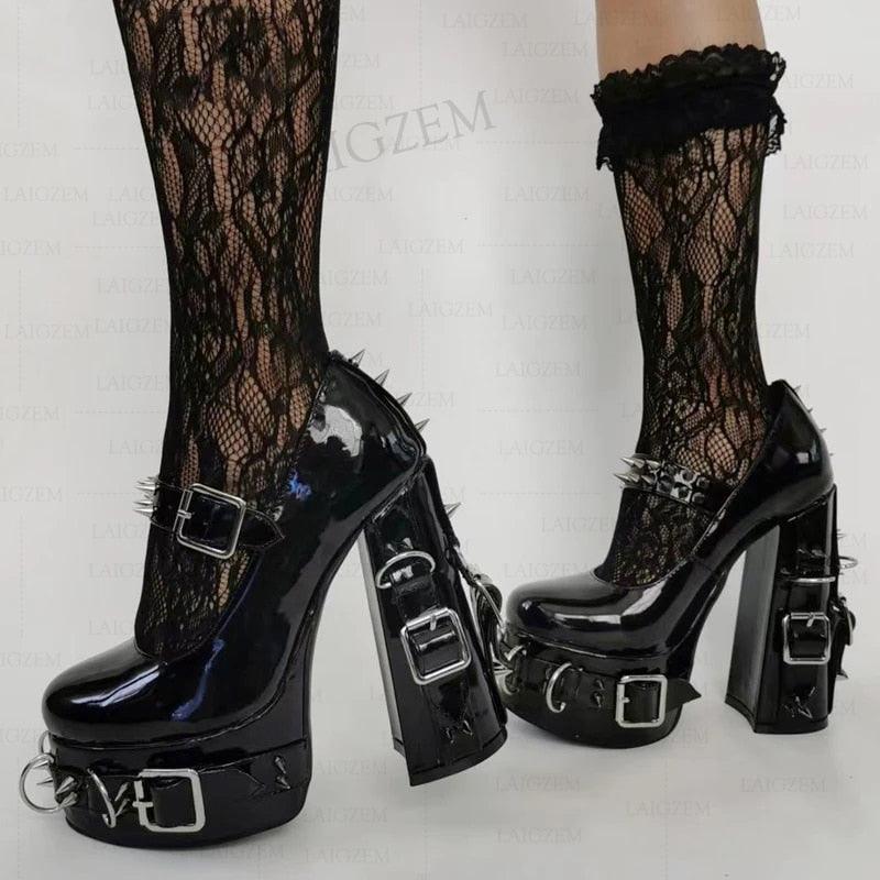 Platform Pumps Buckle Straps Studded Chunky High Heels