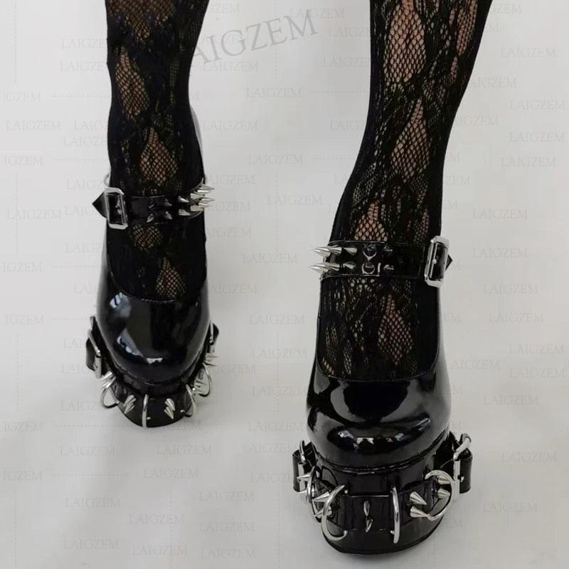 Platform Pumps Buckle Straps Studded Chunky High Heels