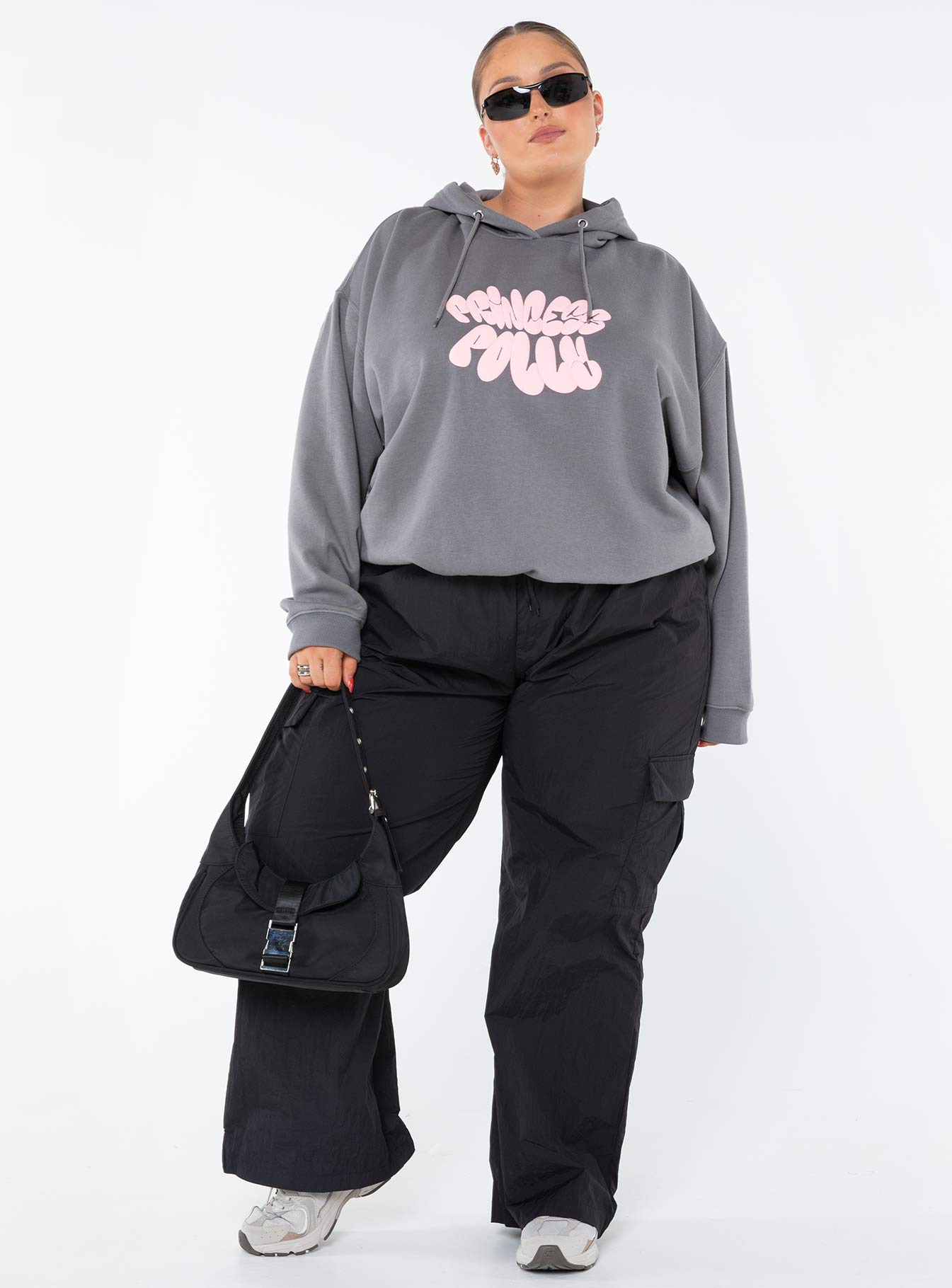 Princess Polly Hooded Sweatshirt Bubble Text Charcoal / Light Pink Curve