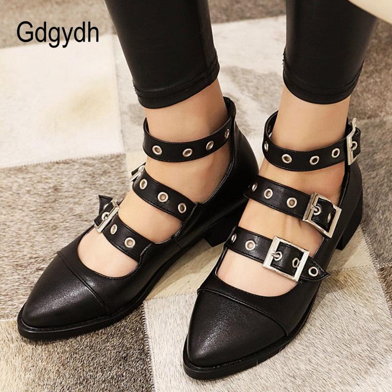 Punk Style Leather Gothic Shoes Square Heel Pumps