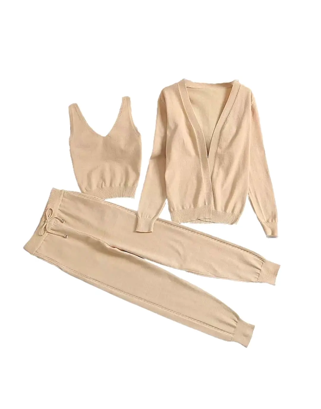 Ribbed Knit Pastel Camisole Cardigan Pants Three Piece Set in Beige