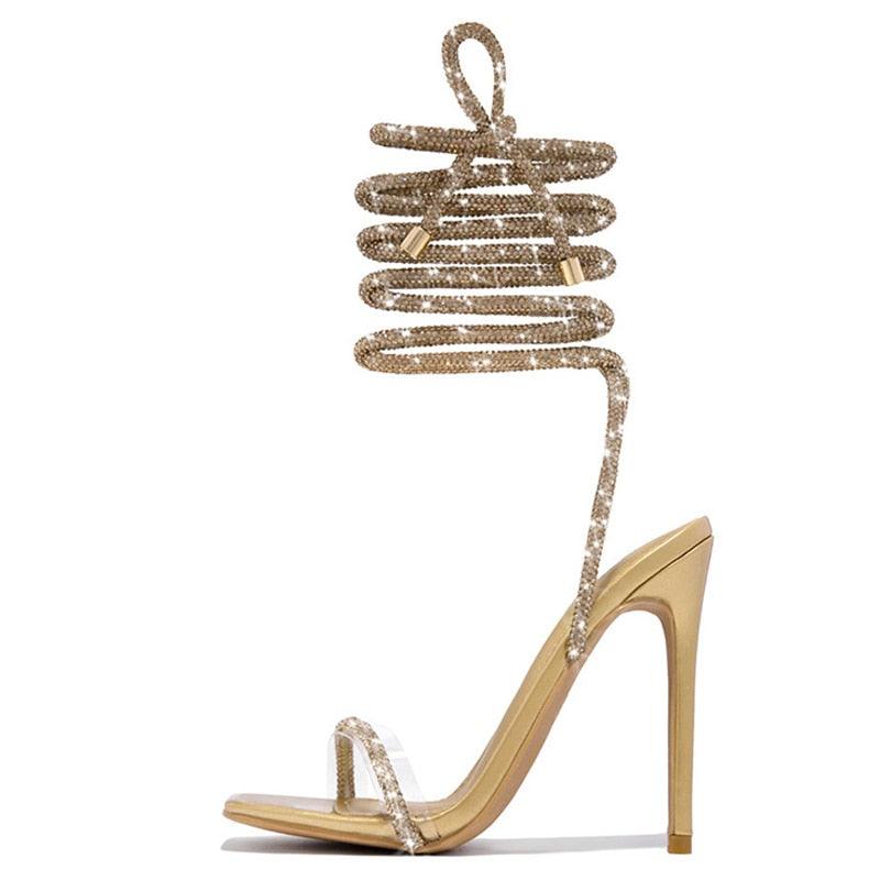 Sexy Gold Crystal Ankle Cross Strap Sandals Women