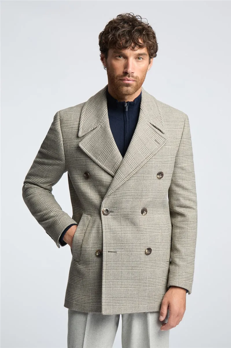 Slim Fit Taupe Check Peacoat