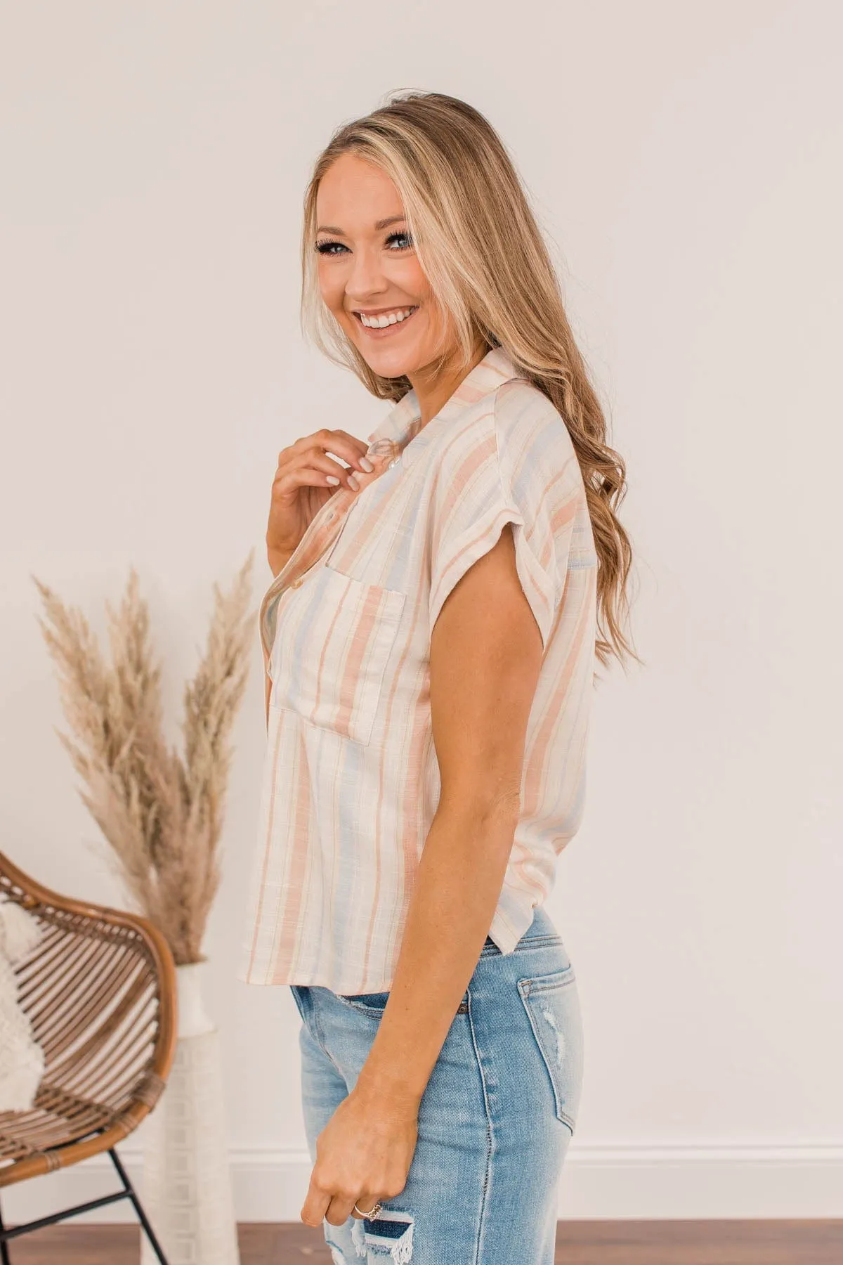 Social Occasion Striped Button Up Top- Cream