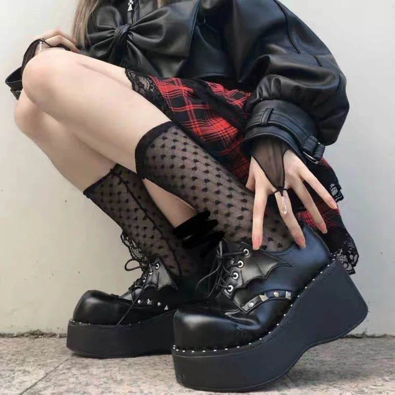 Step Up Your Gothic Style: SaraIris Black Lace-Up Buckle Wedges Platform Sneakers for Cosplay and Punk Fashion