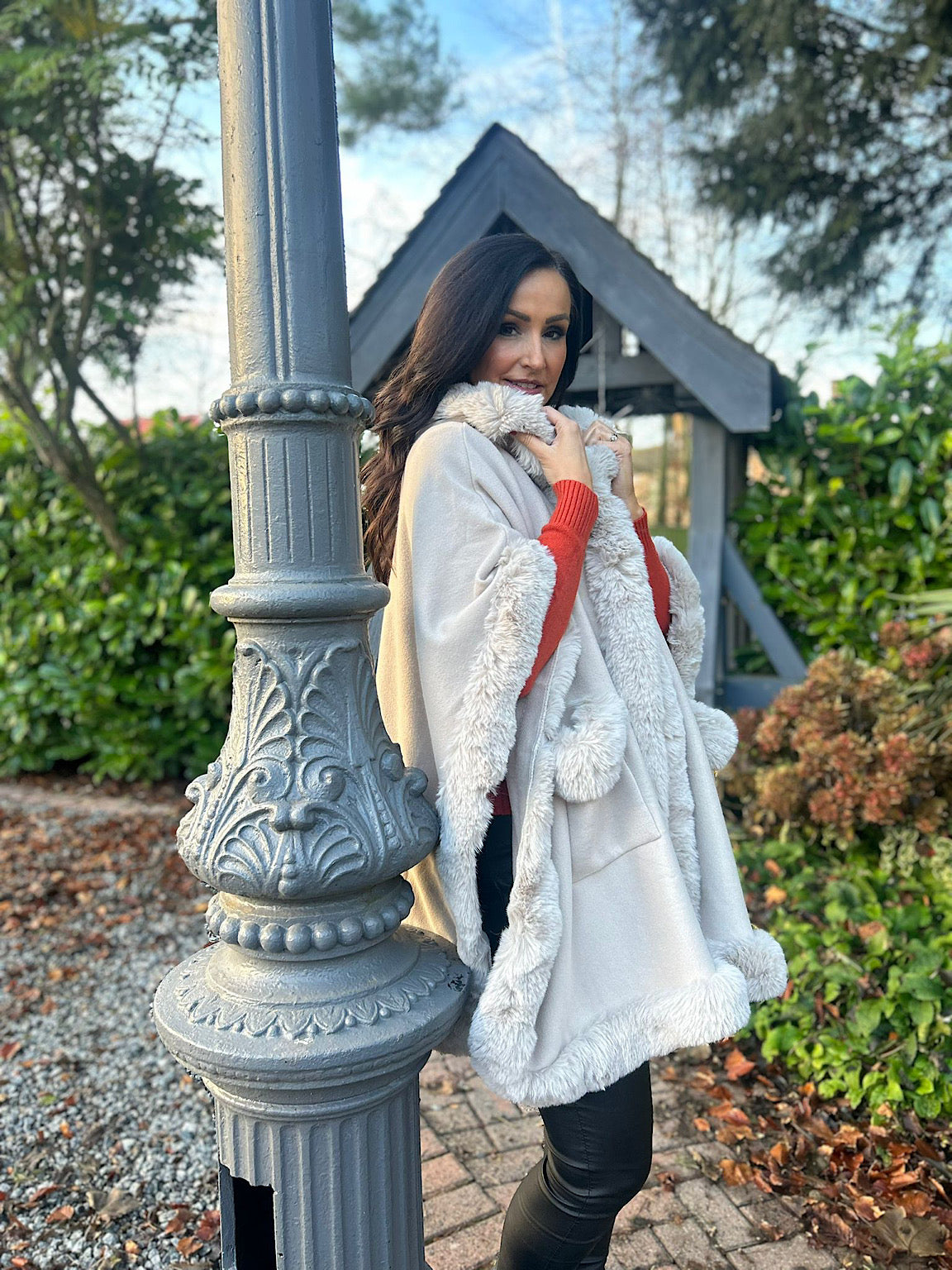 Stone Faux Fur Hooded Cape Saffrey