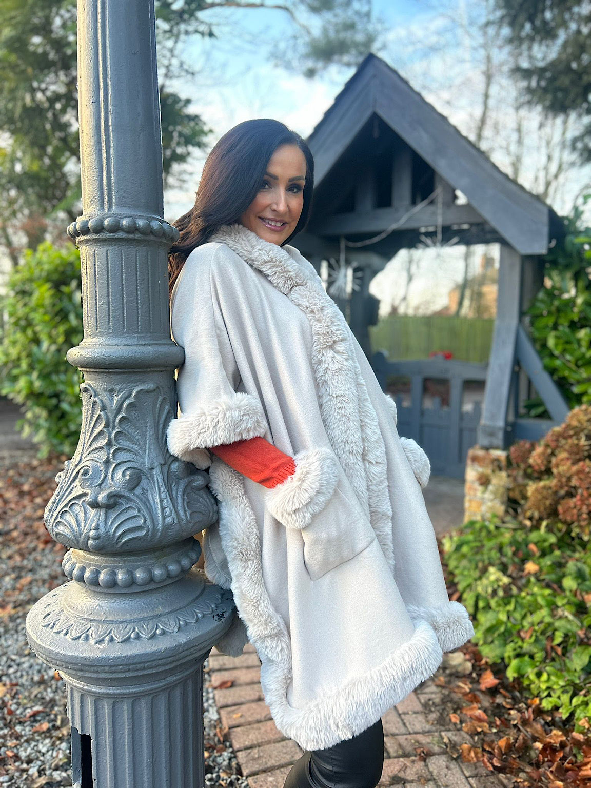 Stone Faux Fur Hooded Cape Saffrey