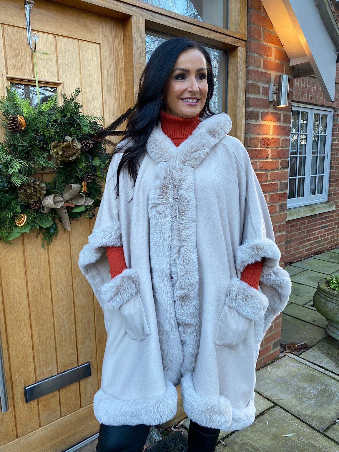 Stone Faux Fur Hooded Cape Saffrey