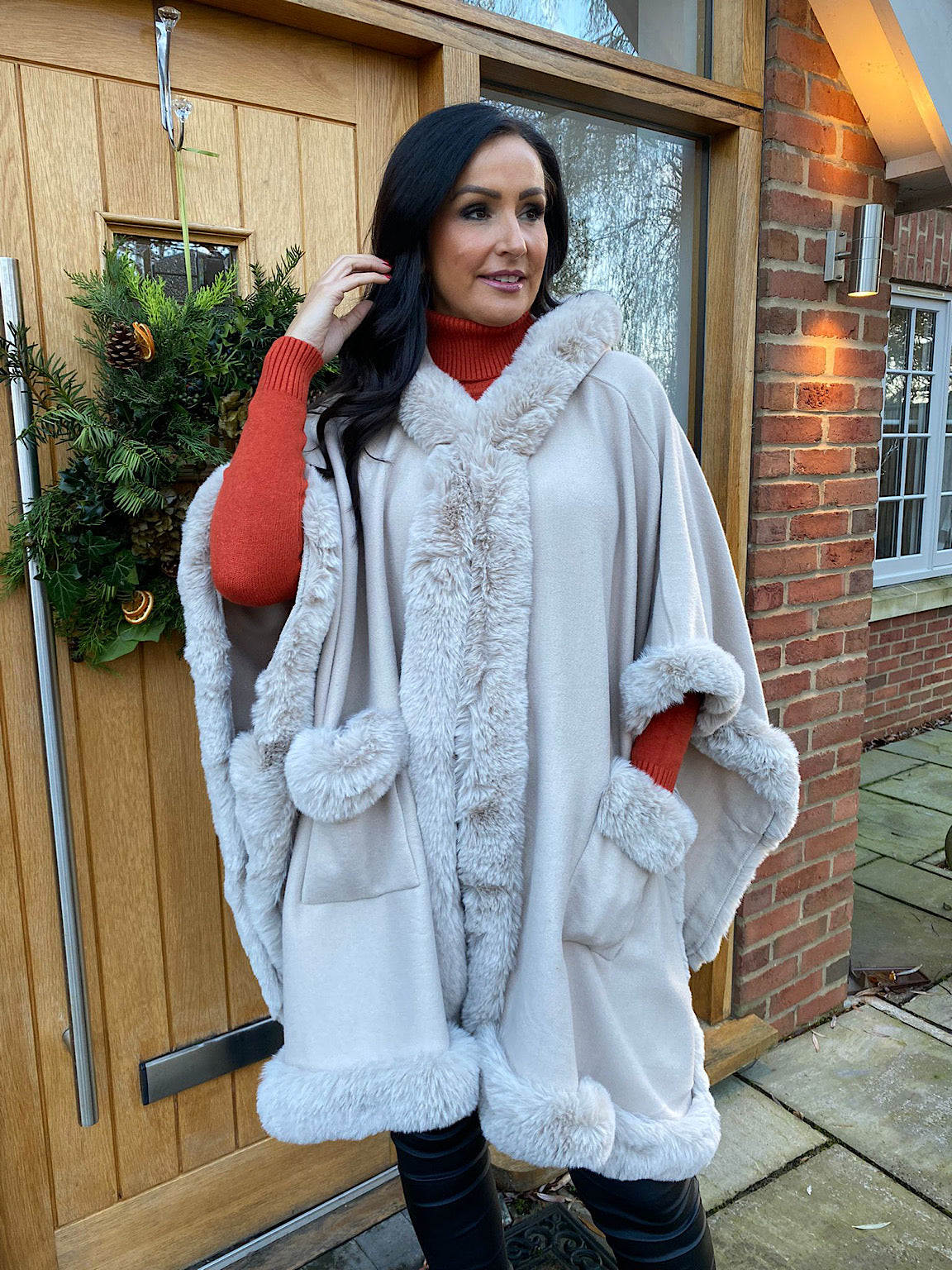 Stone Faux Fur Hooded Cape Saffrey