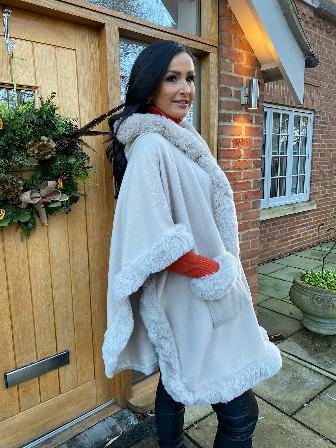 Stone Faux Fur Hooded Cape Saffrey