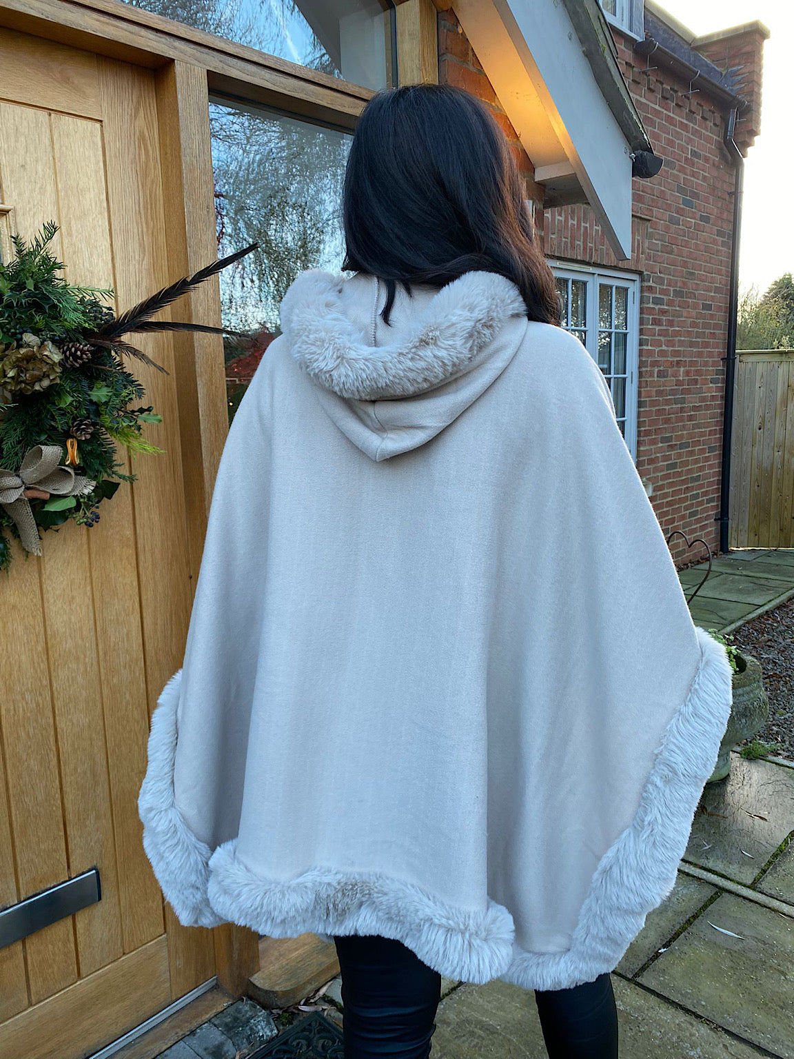 Stone Faux Fur Hooded Cape Saffrey