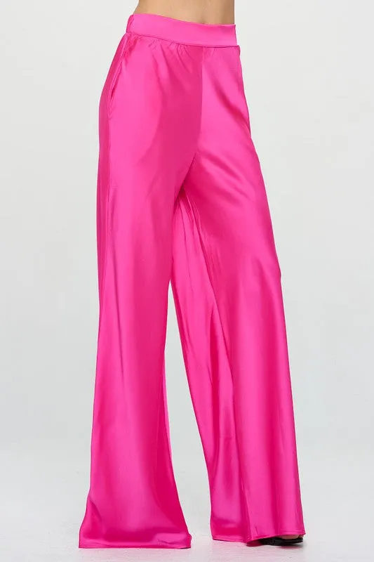 Stretch Satin Pants with Elastic Waist and Pockets