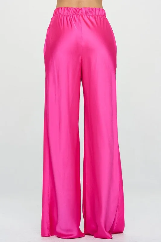 Stretch Satin Pants with Elastic Waist and Pockets