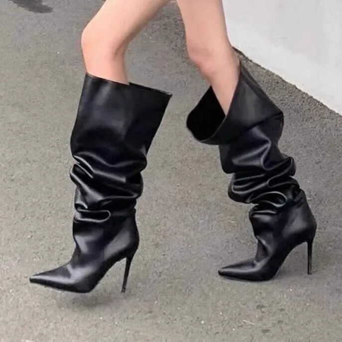 Stylish Leather Knee-High Boots for Women,  Black Slouch Heel Boots, Point Toe Slouchy Leather Heel Boots, Size 35 36 37 38 39 4