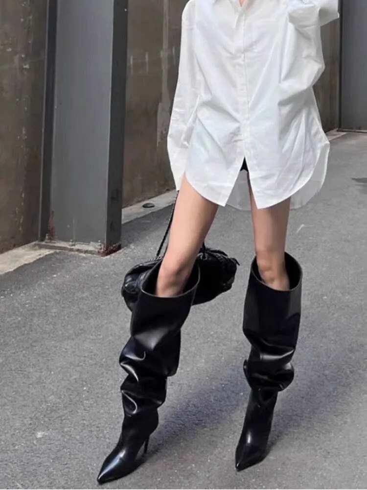 Stylish Leather Knee-High Boots for Women,  Black Slouch Heel Boots, Point Toe Slouchy Leather Heel Boots, Size 35 36 37 38 39 4