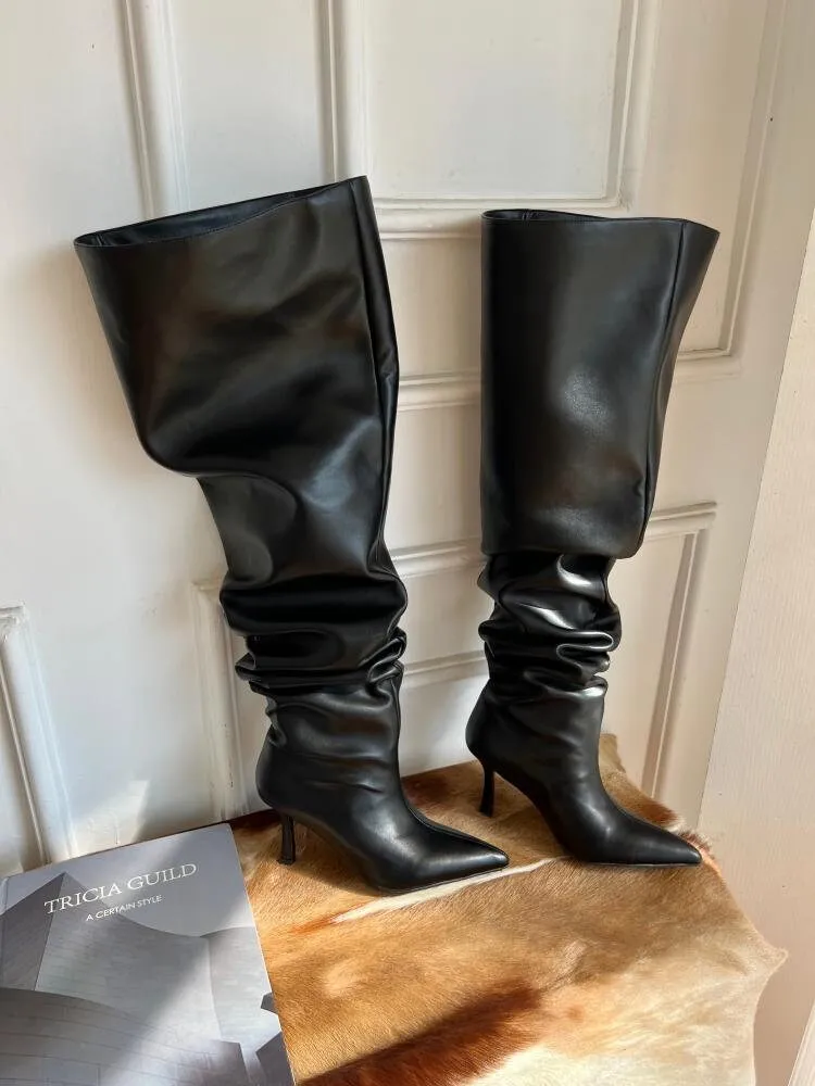 Stylish Leather Knee-High Boots for Women,  Black Slouch Heel Boots, Point Toe Slouchy Leather Heel Boots, Size 35 36 37 38 39 4