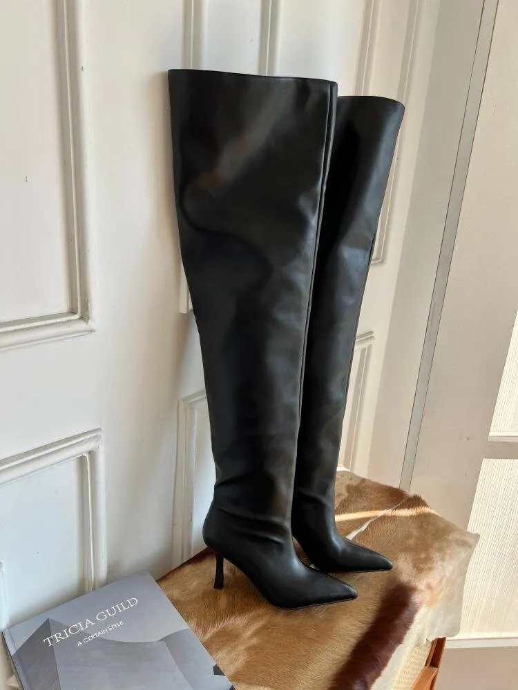 Stylish Leather Knee-High Boots for Women,  Black Slouch Heel Boots, Point Toe Slouchy Leather Heel Boots, Size 35 36 37 38 39 4