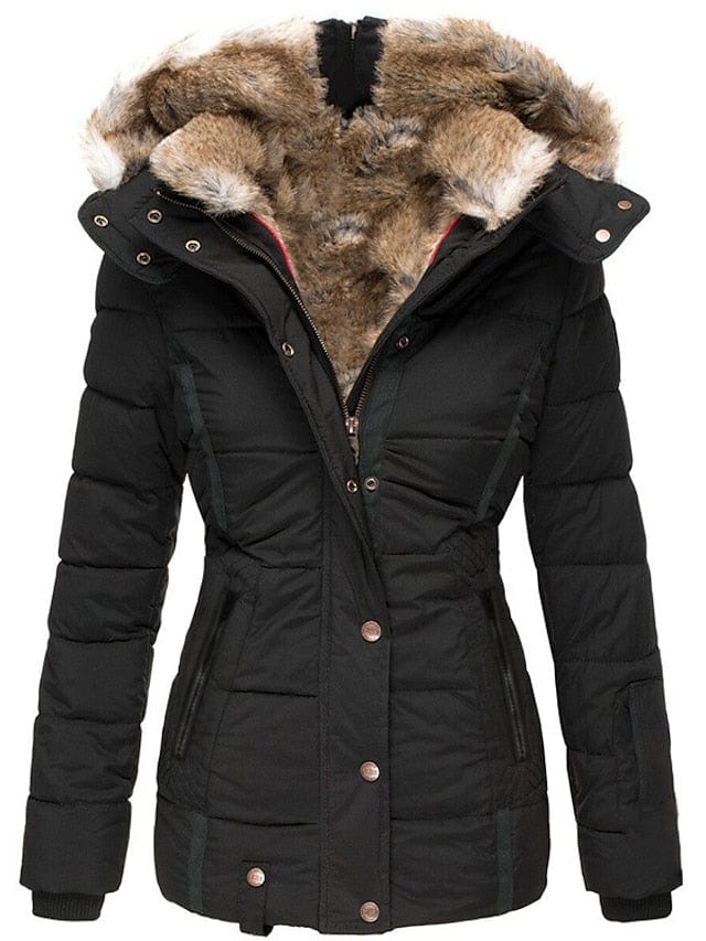 Stylish Women's Winter Jacket with Faux Fur Collar and Zipper Hoodie