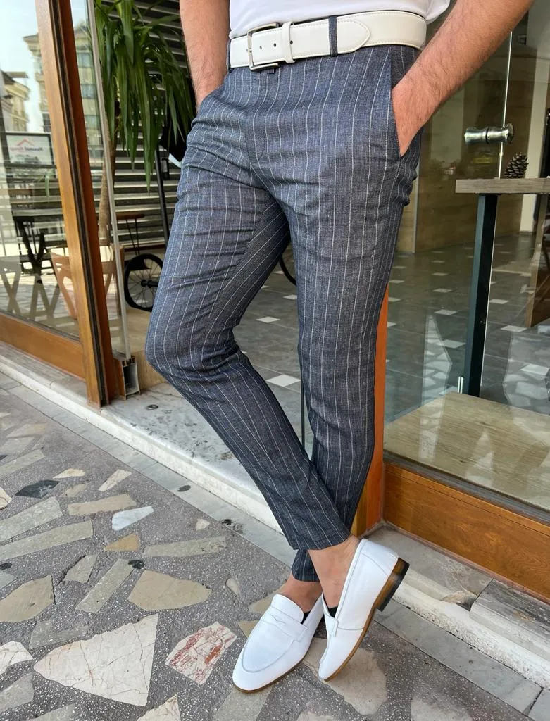 Tampa Dark Blue Slim Fit Pinstripe Linen Pants