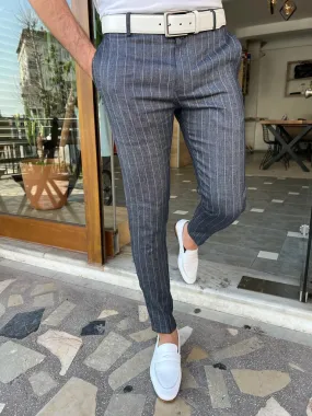 Tampa Dark Blue Slim Fit Pinstripe Linen Pants