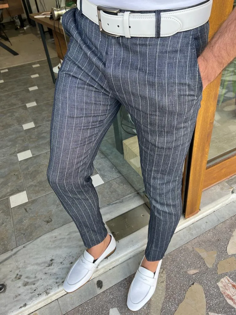 Tampa Dark Blue Slim Fit Pinstripe Linen Pants