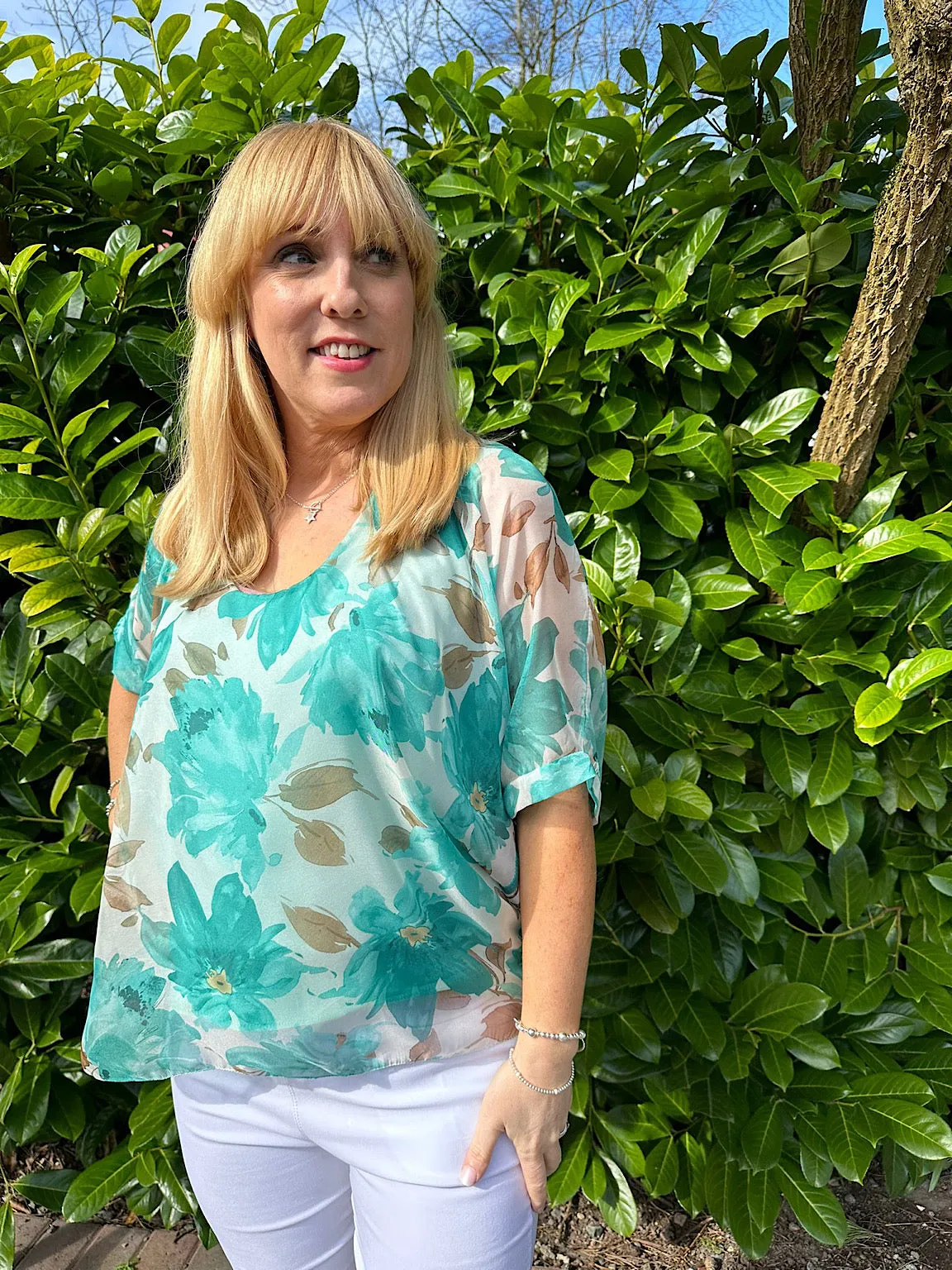 Teal Flower Tie Back Floaty Top Denise