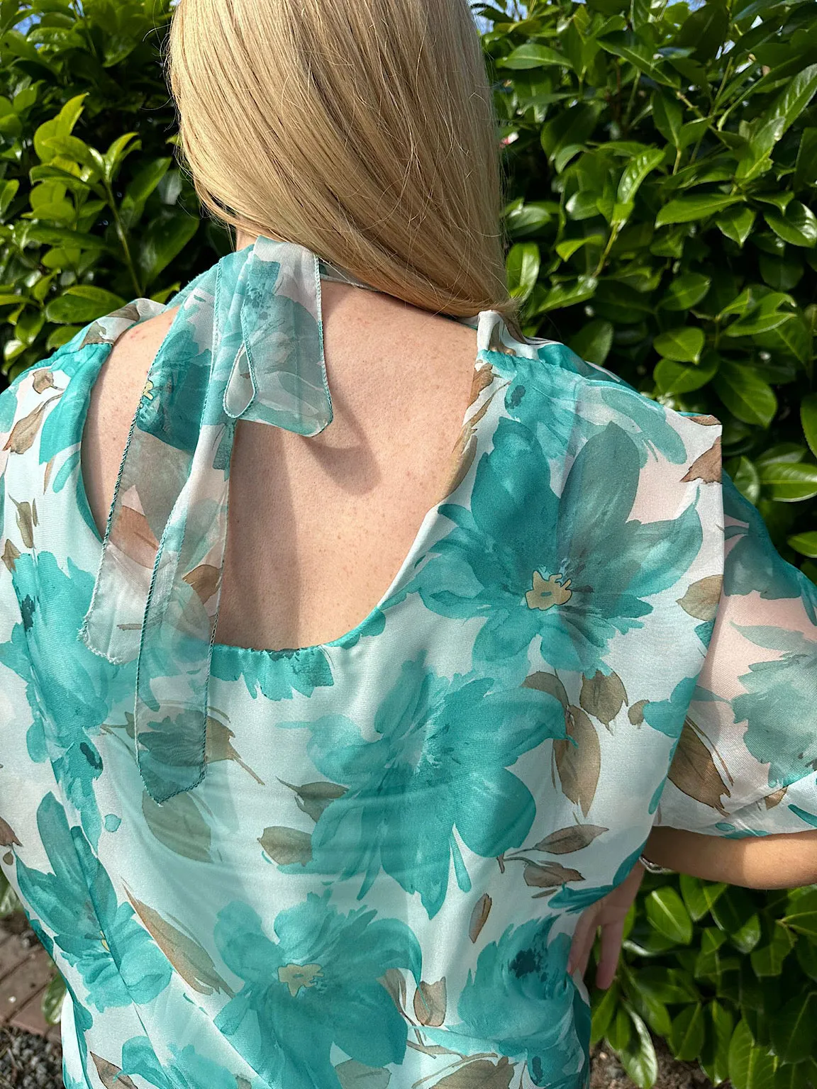 Teal Flower Tie Back Floaty Top Denise