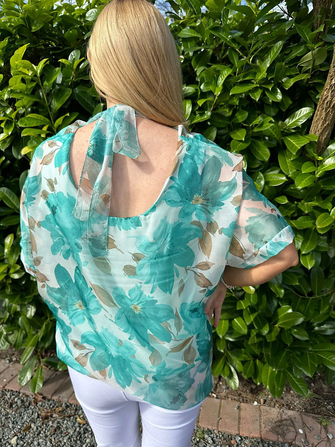 Teal Flower Tie Back Floaty Top Denise