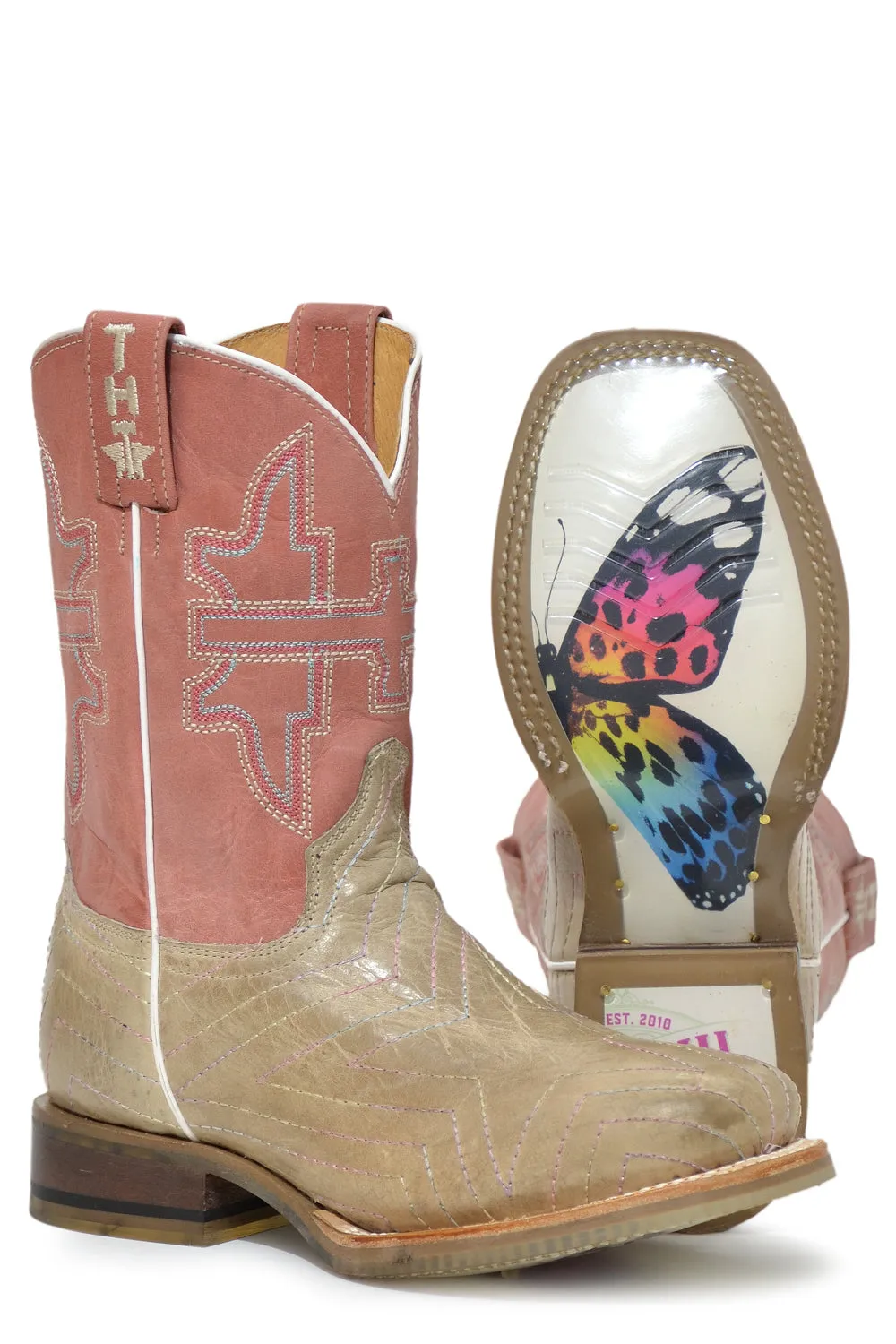 Tin Haul Girls Youth Tan/Pink Leather Rainbow Star Cowboy Boots 5