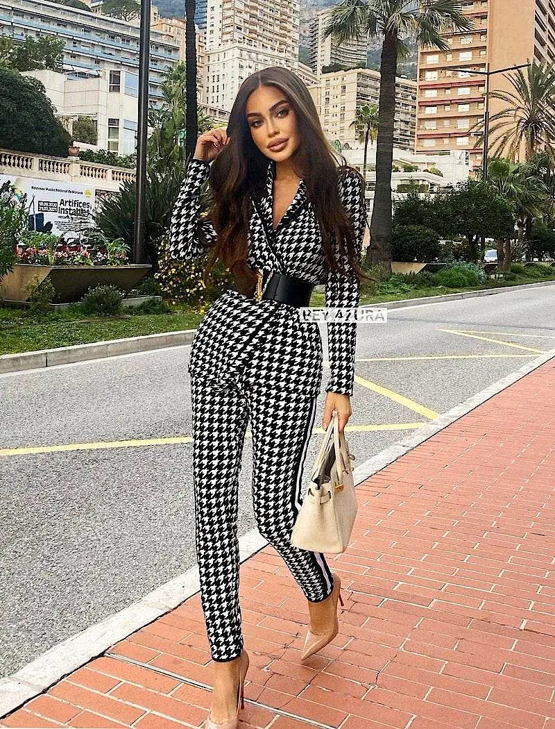 Tweed Pattern Long Sleeve Jacket and Pants Two Piece Set