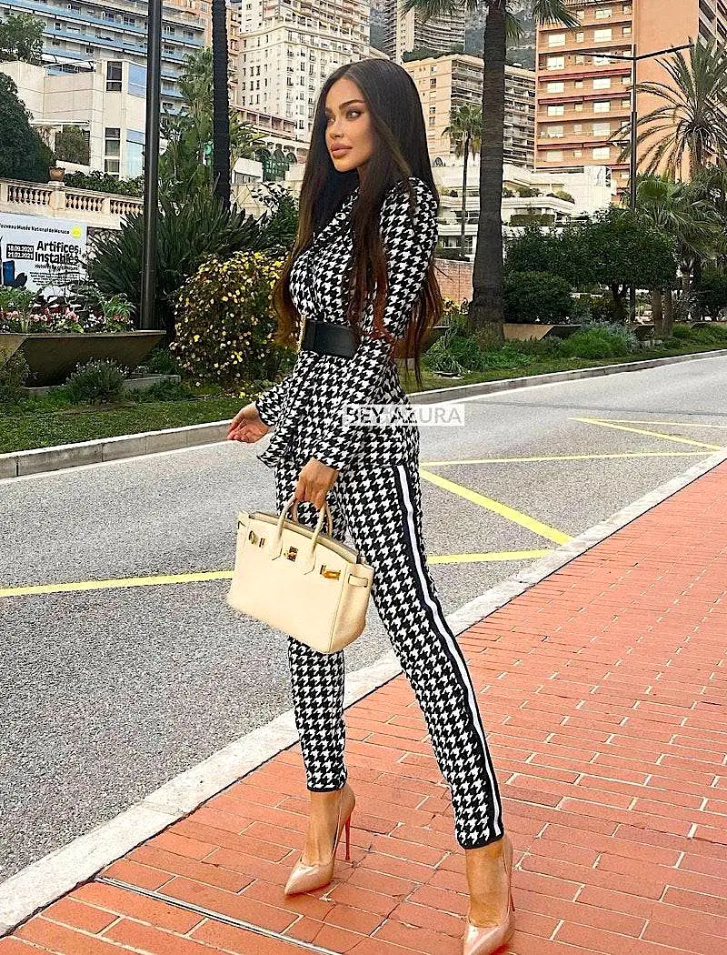 Tweed Pattern Long Sleeve Jacket and Pants Two Piece Set