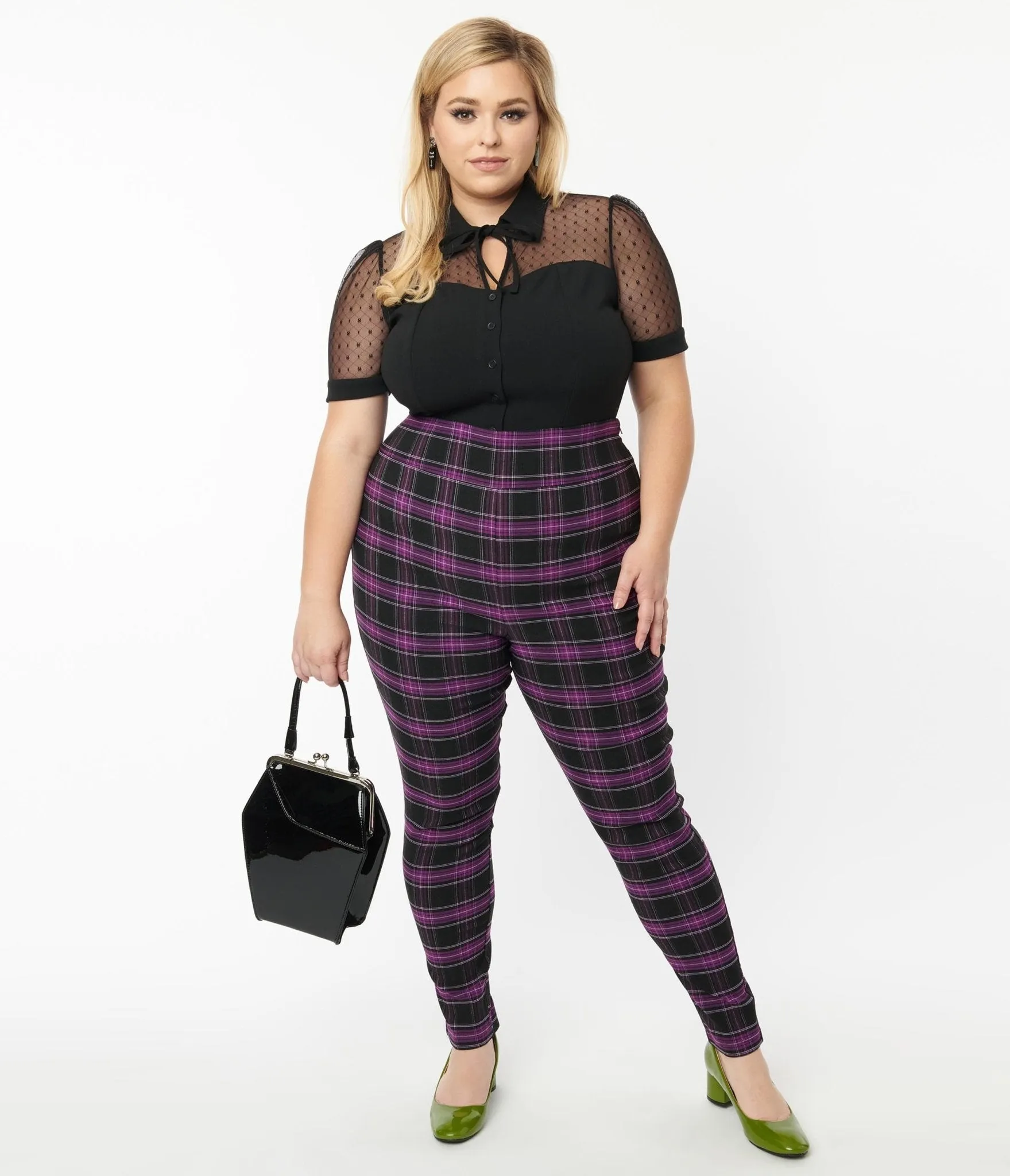 Unique Vintage Plus Size 1970s Purple & Black Plaid Rizzo Cigarette Pants