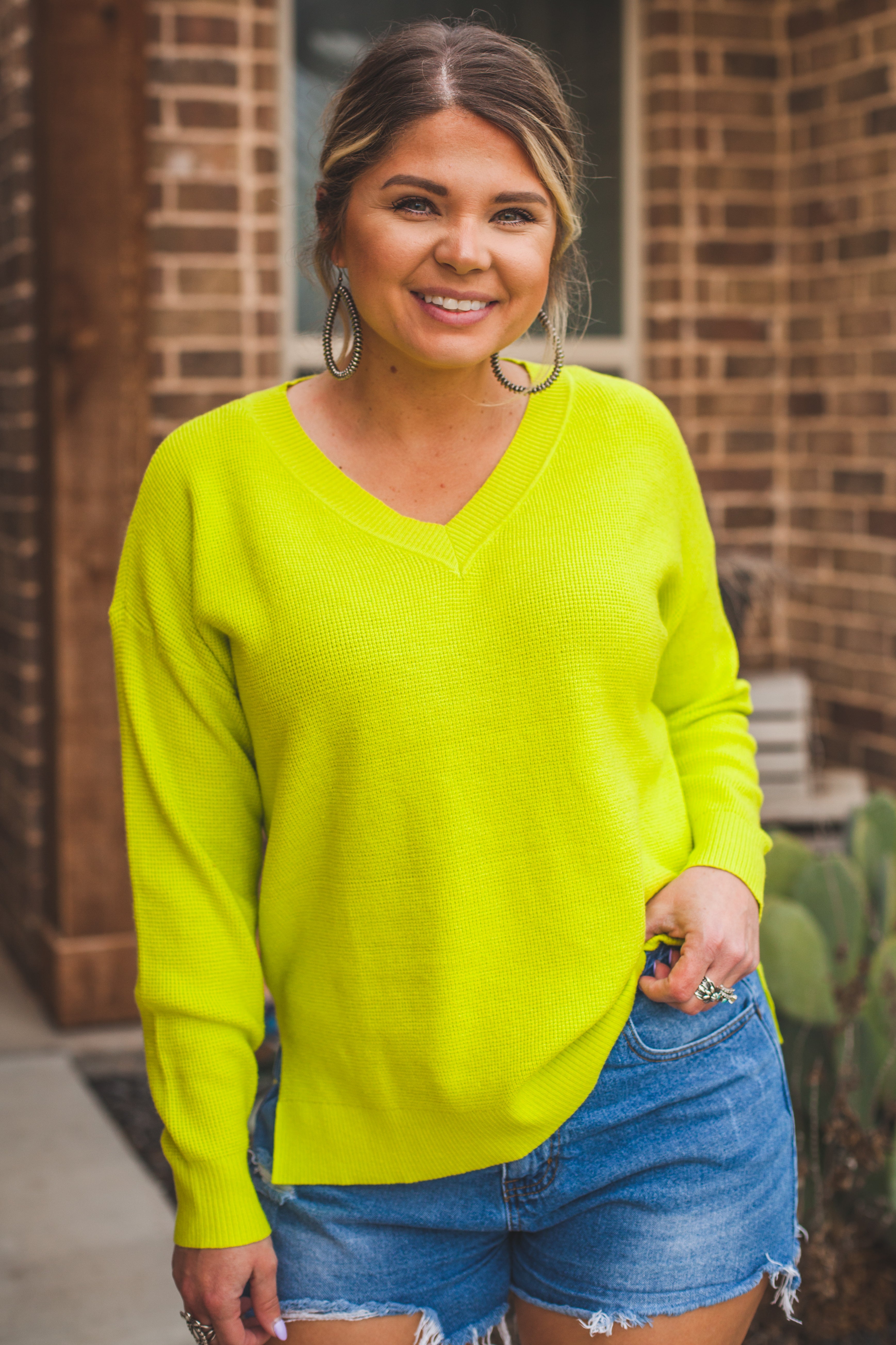 V-Neck Sweater in Lime Green